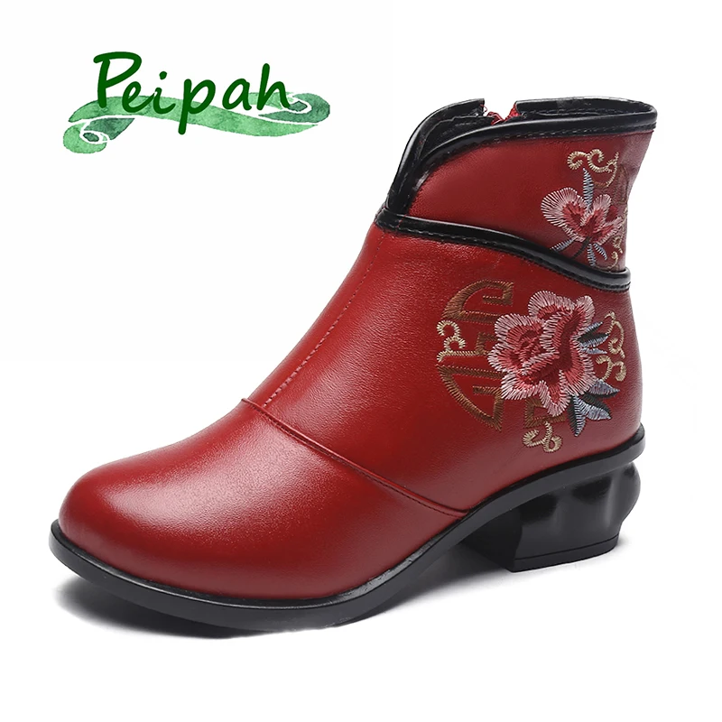 

PEIPAH Embroider Women Ankle Boots Genuine Leather Keep Warm Winter Boots For Woman Retro Zio Round Toe Winter Shoes Ladies