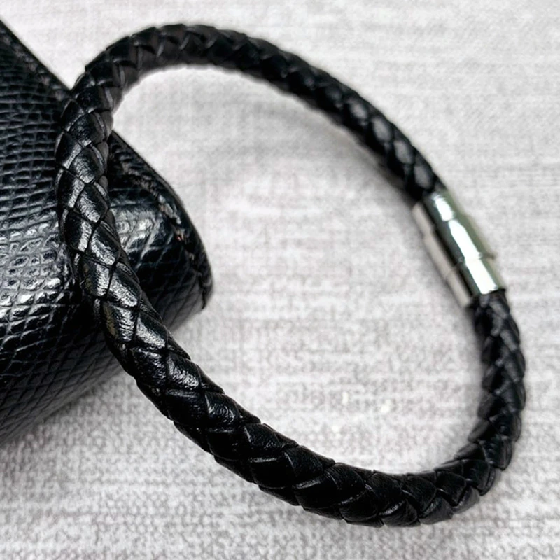 de cuero trenzado para hombre, brazalete de acero inoxidable, cierre magnético, joyería, color negro, blanco y rojo|Pulseras de amuleto| -