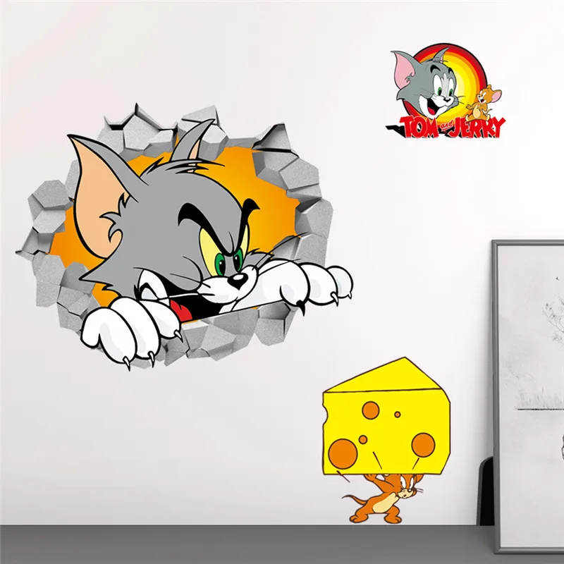 Том и Джерри забавный кот мышь мультфильм детские настенные наклейки плакат 3D художественные наклейки виниловые наклейки для детской комнаты Фреска Декор