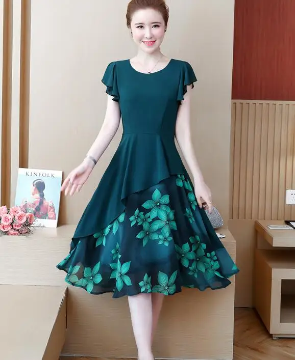 

2019 Summer New Arrival Plus Size Short Sleeve Elegant Flower Printed Woman Chiffon Long Dress High Quality