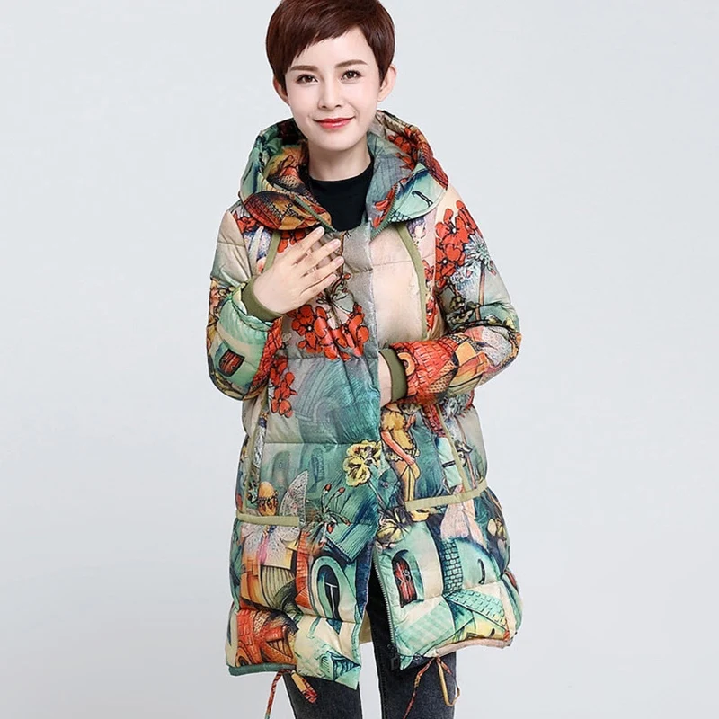 Thick long down coat women print 2018 Winter fashion female hooded overcoat 90% White duck down warm casual ladies outerwear top
