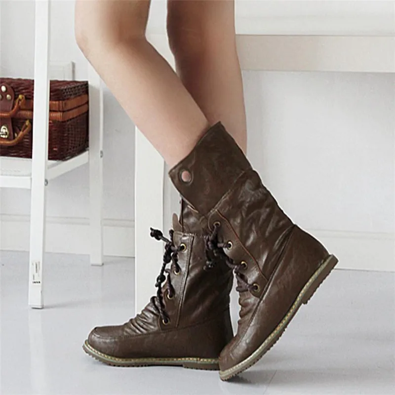 Fashion Martin Bandage Boots Female Mid Calf Boots Women Casual Shoes