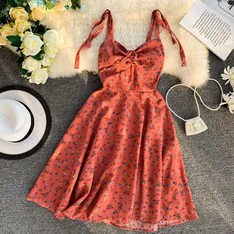 

2019 summer New women's strap V-collar flower printing Drawstring High waist Slim A-line Beach Dress female elegant dresses