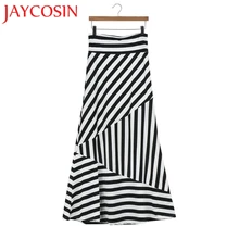 JAYCOSIN новые женские ассиметричные с высокой талией, в полоску складные стрейч длинные макси юбки белые Прямая 25 мая