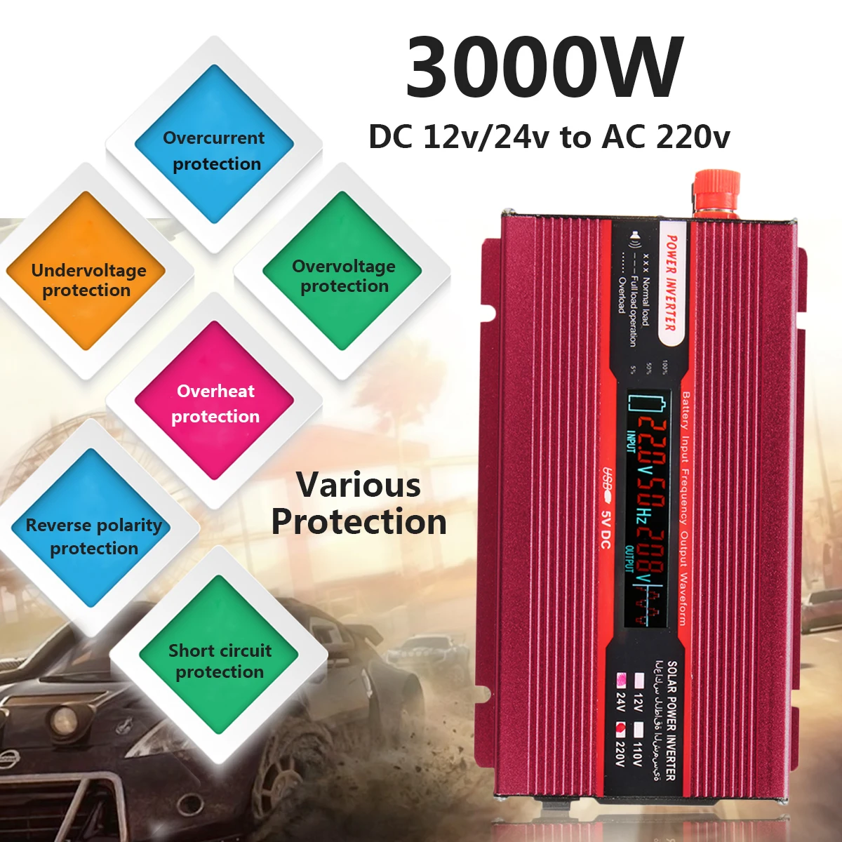 

12/24V To AC 220/110V Sine Wave Converter Car Power Inverter PEAK 3000W USB Modified Low Noise Multiple Voltage Transformer