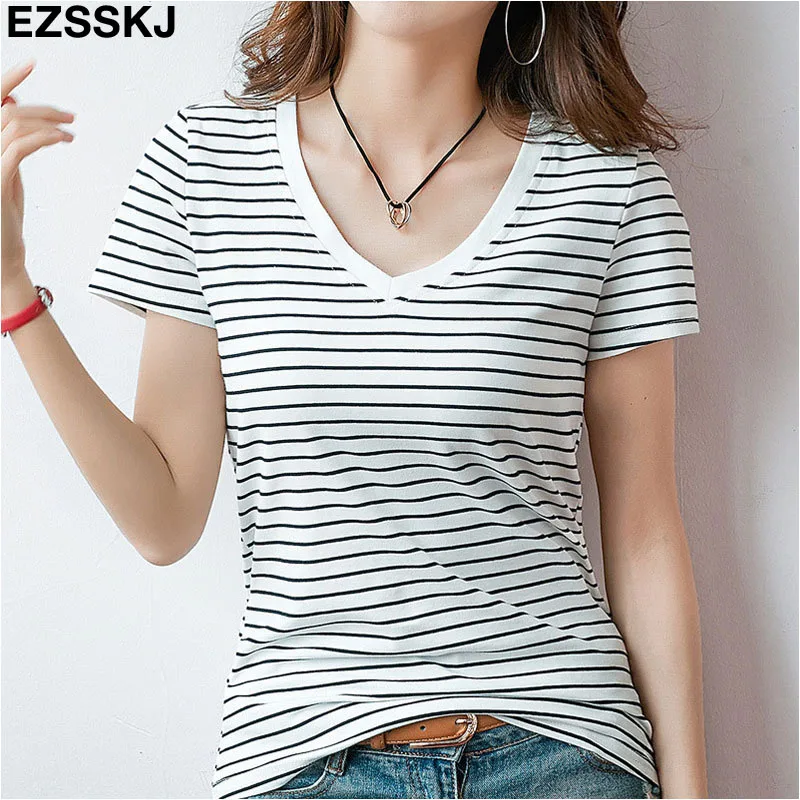 Черно-белая полосатая Женская хлопковая футболка размера плюс S-3XL, Повседневная футболка с коротким рукавом высокого качества с v-образным вырезом, женская футболка большого размера