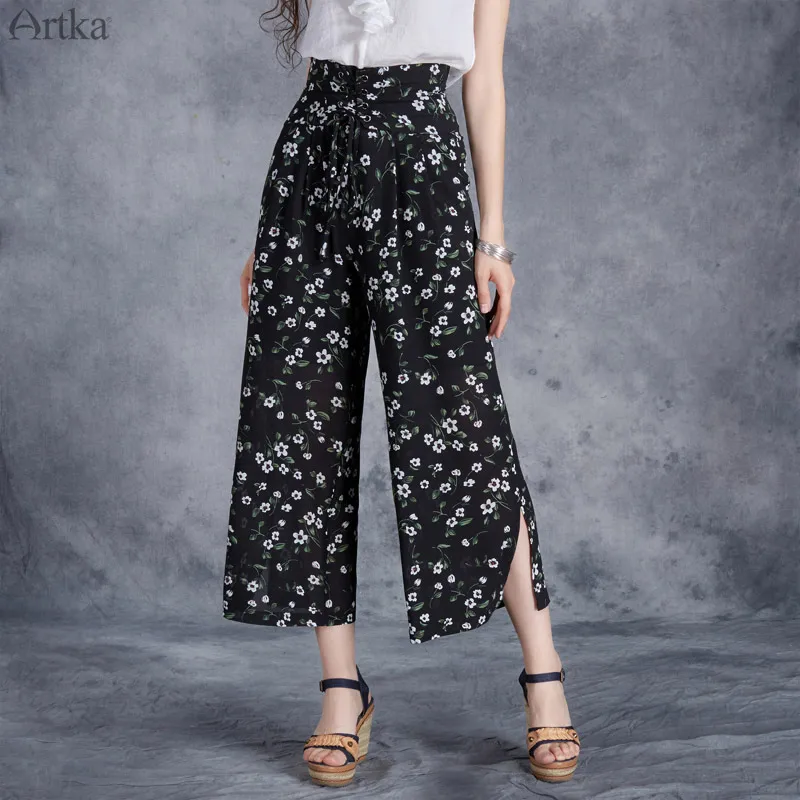 

Artka 2017 Floral Wide Leg Pants Women Chiffon High Waist Drawstring Casual Calf -Length Pants Side Slit Female Trouser KA10775X