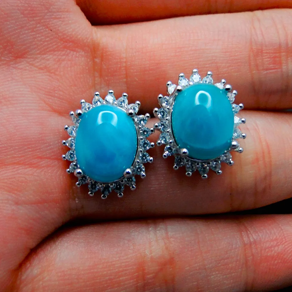 

10pairs/Lot Woman Larimar Stud Earrings Natural Gemstone Jewelry Earring Studs 925 Sterling Silver Real Larimar Earrings