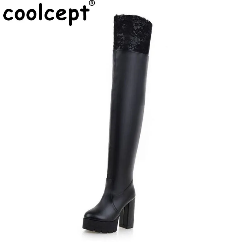 

Coolcept Women Sexy Fashion Lace Over The Knee Boot Thick High Heel Long Boots Platform Woman Heels Shoes Footwear Size 34-43