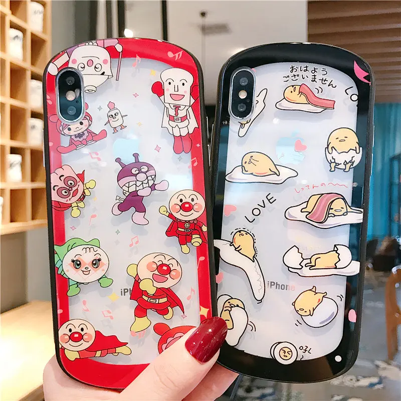 

KAIEN arc Transparent Glass cute cartoon anpanman Gudetama fashion Mobile phone case for iPhone 6 6s 7 8 plus X XR XS MAX cover