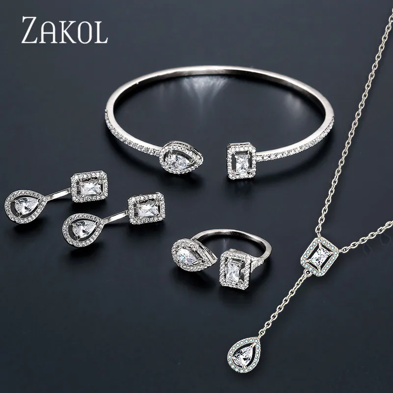 ZAKOL Brand Fashion Design Jewelry Set Sparking CZ Stone Earrings Bracelet & Bangle Ring For
