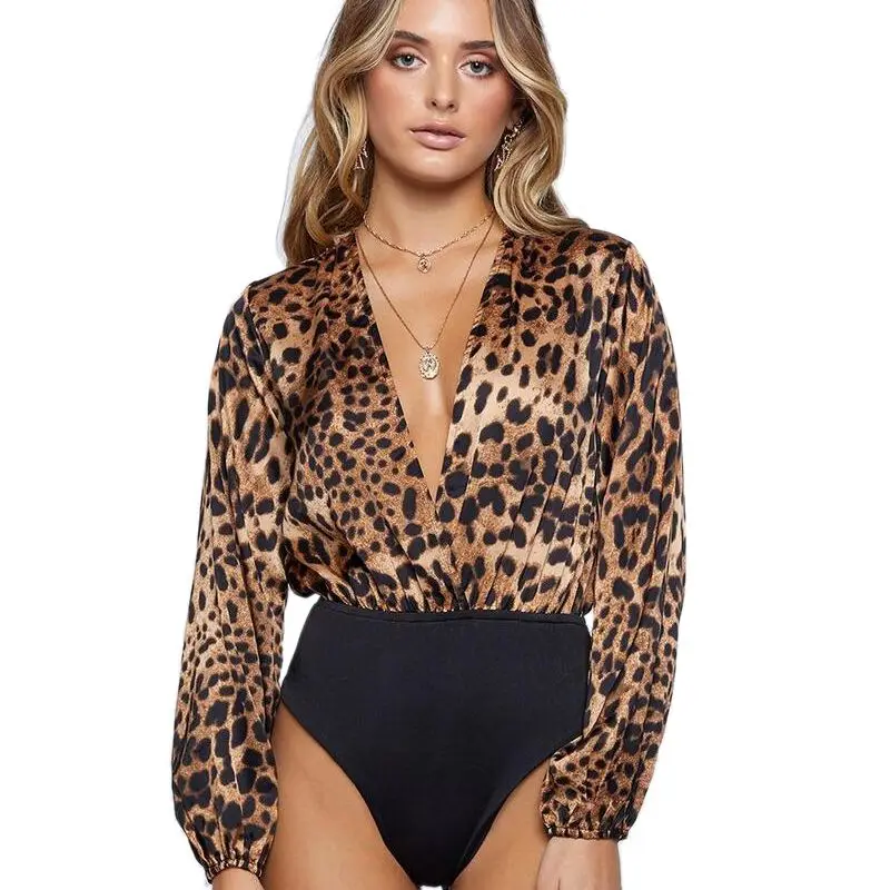 Сексуальные новые рубашки Топы Женская мода Леопардовый принт боди Блузка рубашка женская сексуальная глубокий v-образный вырез длинный