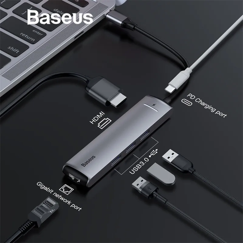 Baseus 6in1 adaptador de HUB de USB tipo C a USB 3,0 HDMI RJ45 para MacBook Pro HUB USB divisor para Huawei matebook accesorio de computadora - 1