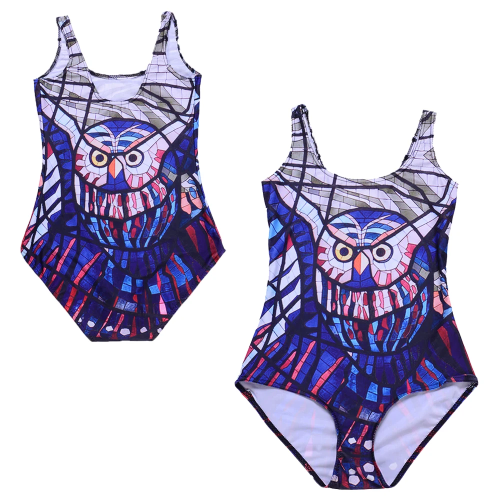 Abstract Owl Pattern One Piece Swimsuit Women Backless Bodysuit Blue