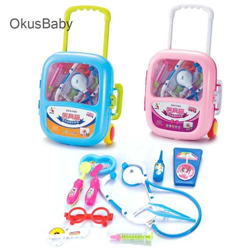 

10pcs/Set Portable Emulational Children Pretend Play Doctor Outdoor Toys Role Play With Draw-bar Box Luggage Blue And Pink