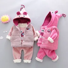 Зимний комплект одежды для детей, теплая флисовая рубашка с длинными рукавами и рисунком для девочек+ жилет+ длинные штаны, комплект из 3 предметов, костюм, одежда для малышей