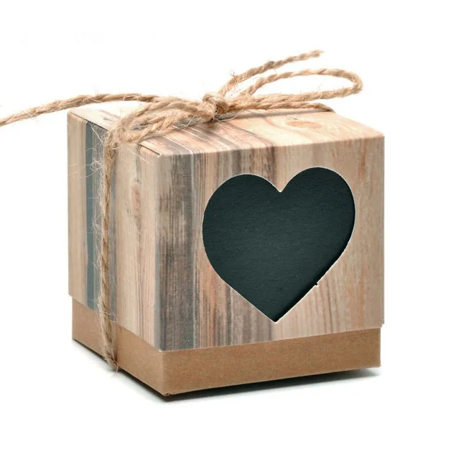 

100pcs Romantic Lover Black Heart Window Candy Box Wedding Decoration Vintage Kraft Favors Gift Boxes with Burlap Twine Chic