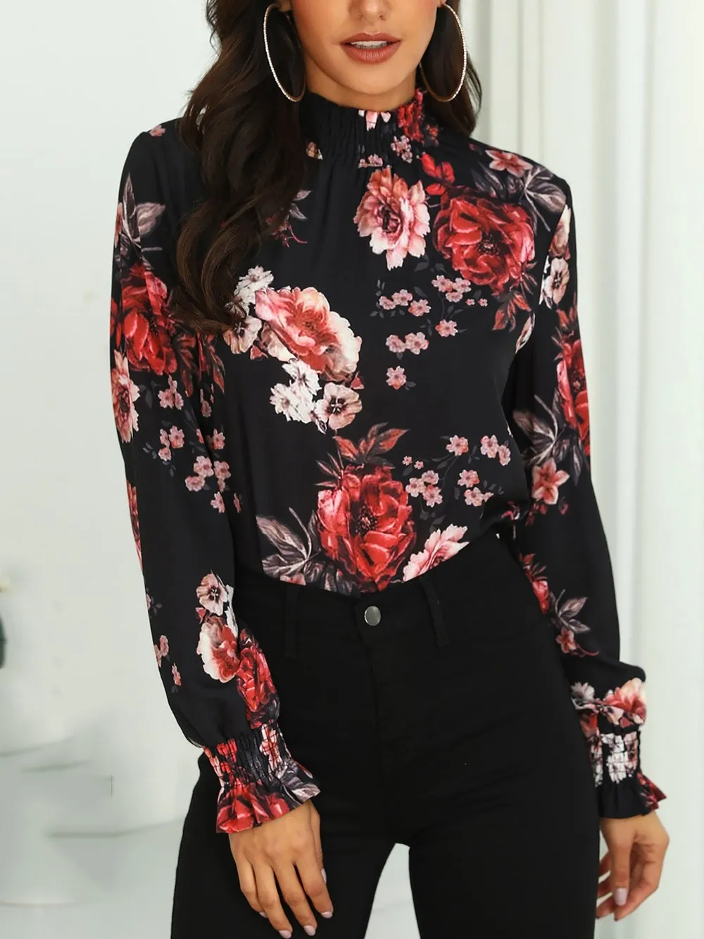 

Fashion 2019 Women Elegant Workwear Chiffon Shirt Female Elastic Floral Print Blouse Vintage Long Sleeve Office Top