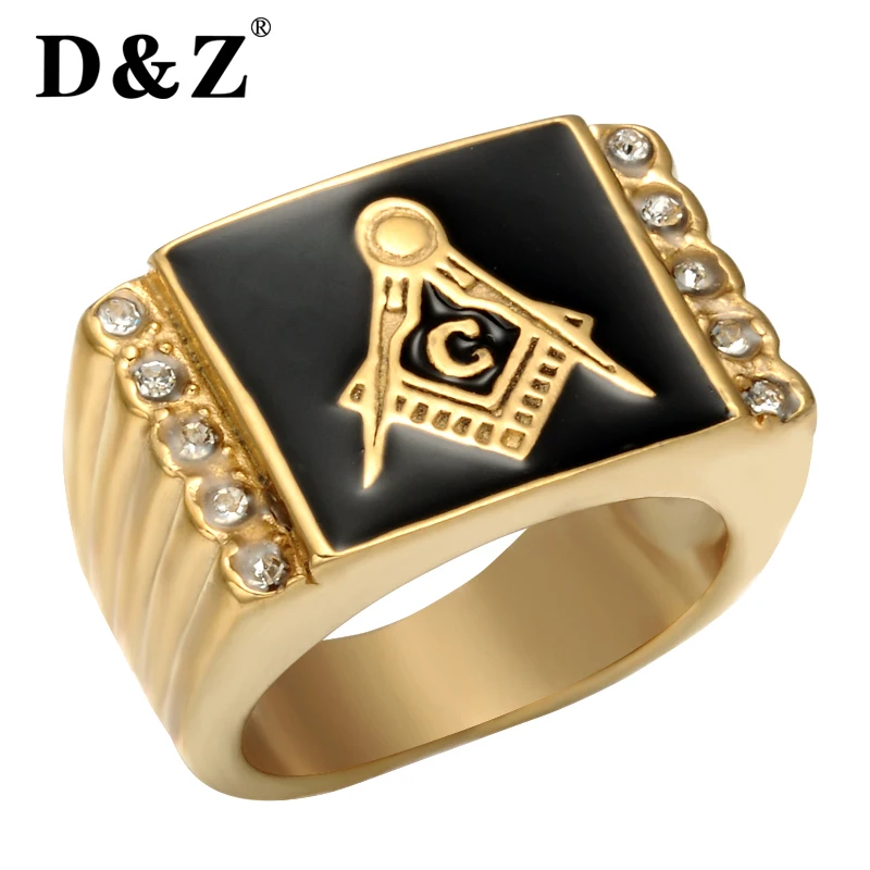 

D&Z Vintage Gold Freemasonry Masonic Ring Stainless Steel Master Punk Zircon Retro Free Masonic Signet Rings of Men Jewelry