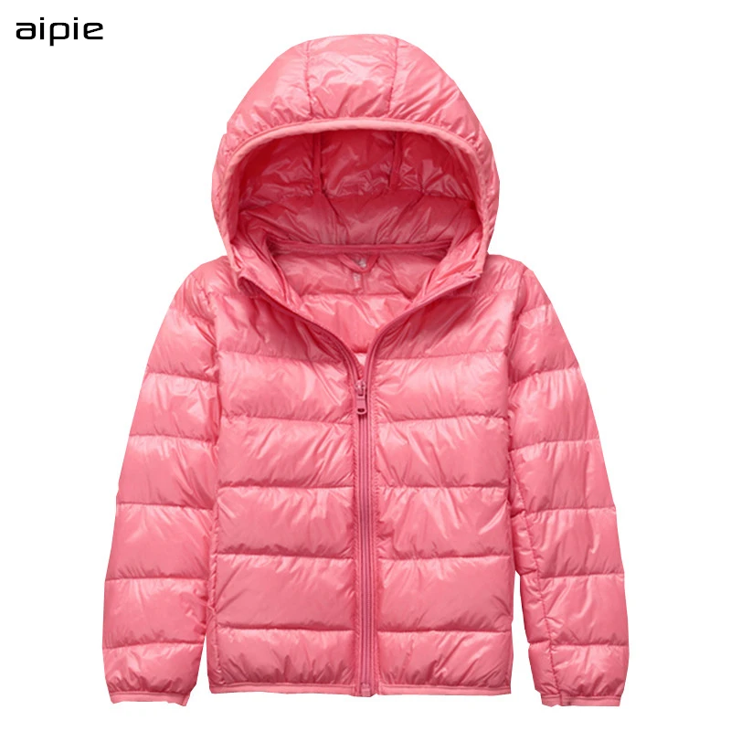 

aipie 1pcs Children Girls boys Down Solid Zipper Hooded Jackets White duck down Warm and Soft Coats For 2-12 year Kids Wear