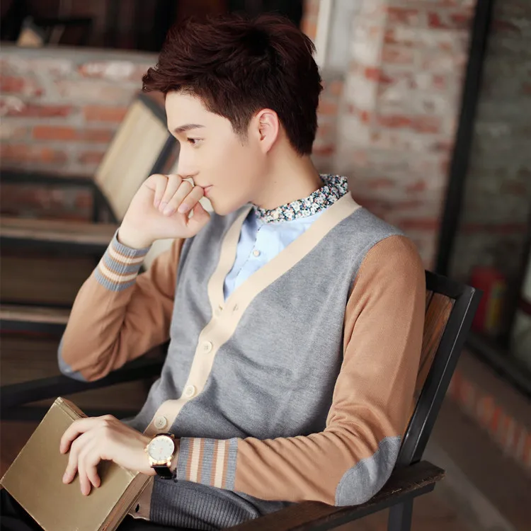 

Mr.nut Spring and Autumn Men's Knit Cardigan Cardigan Men's Cotton Thin Sweater Korean V-neck Jacket Coloring Youth Sweater