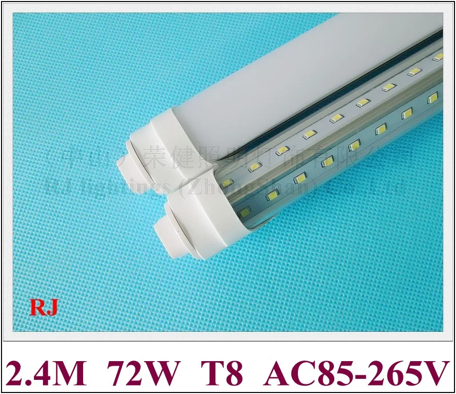 R17D LED 튜브 라이트 램프 더블 행 V 스타일 270 각도 T8 2400mm SMD 2835 384led(4 * 96led) 72W AC85-265V 슈퍼 밝은