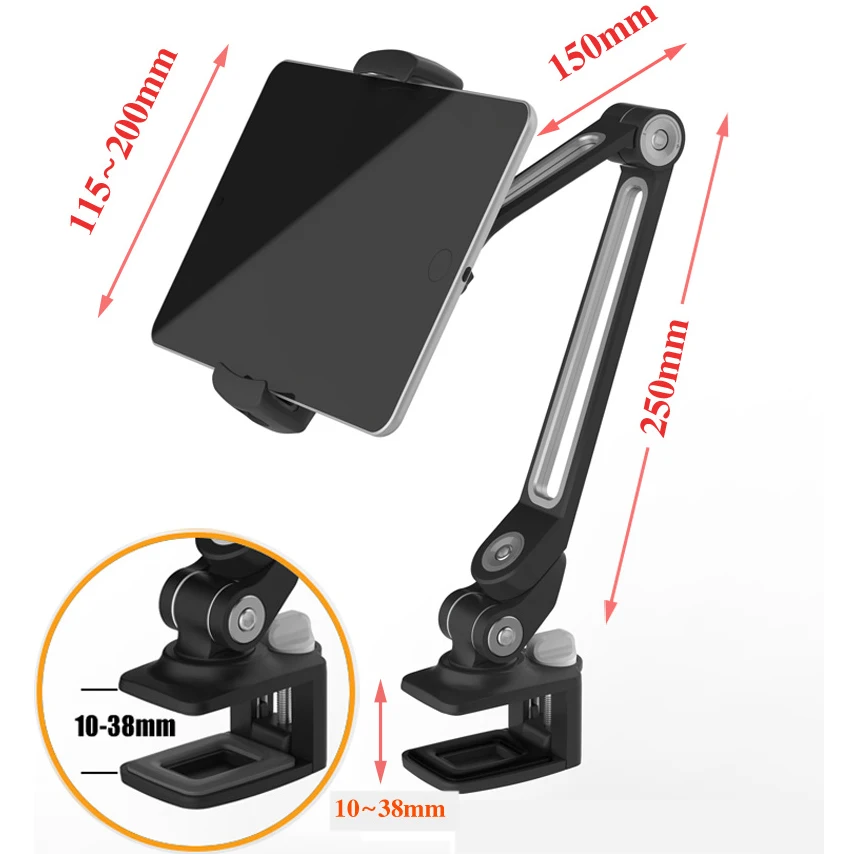  Aluminum Tablet Desk Bed Mount Lazy Stand Adjustable Cell Phone Long Arm Holder for iPad 4 2018 Pro