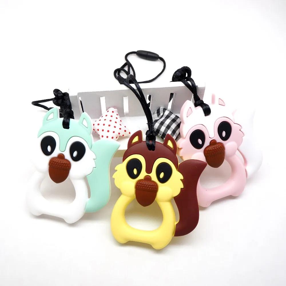 

Chenkai 10PCS BPA Free Silicone Squirrel Teether DIY Baby Animal Pendant Nursing Pastel Color Grasp Sensory Toy Accessories