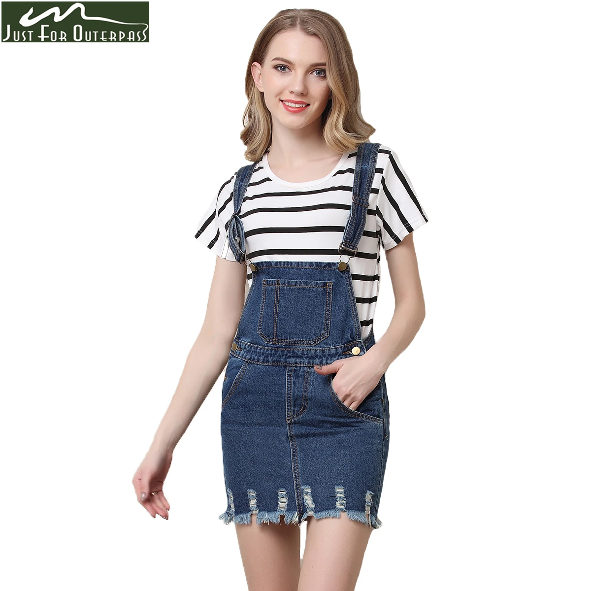 2017 New Fashion Ripped Denim Strap Skirt Women Slim Preppy Style Skirt