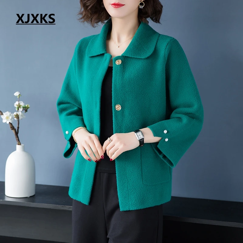 XJXKS зима кардиган женский элегантный кашемировый лацкан пальто Женские Карманы длинный рукав пушистый женский свитер пальто - Цвет: Dark Green