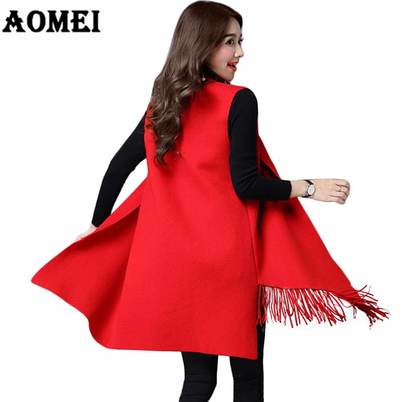 Women Wool Red Vest Autumn Elegant Coat Sleeveless Vests Fringe