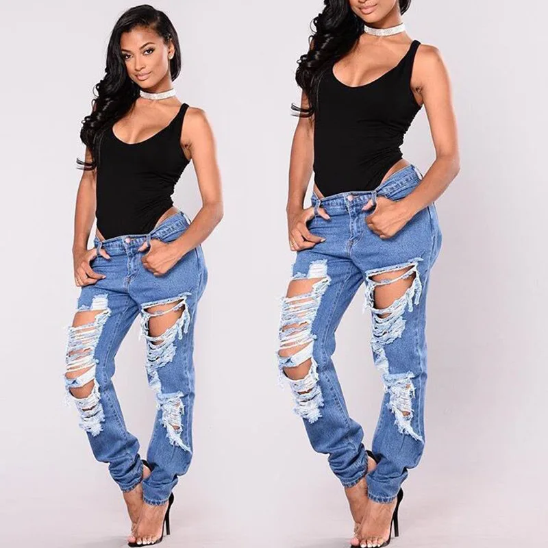 

2019 cross-border supply eBay Amazon wish new big hole women's jeans feet pants