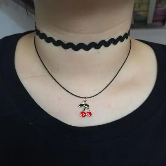 

Harajuku Vintage Black Wavy shape Lace collar Chokers Necklace Alloy Red fruit cherry Pendant Female Clavicle Necklace
