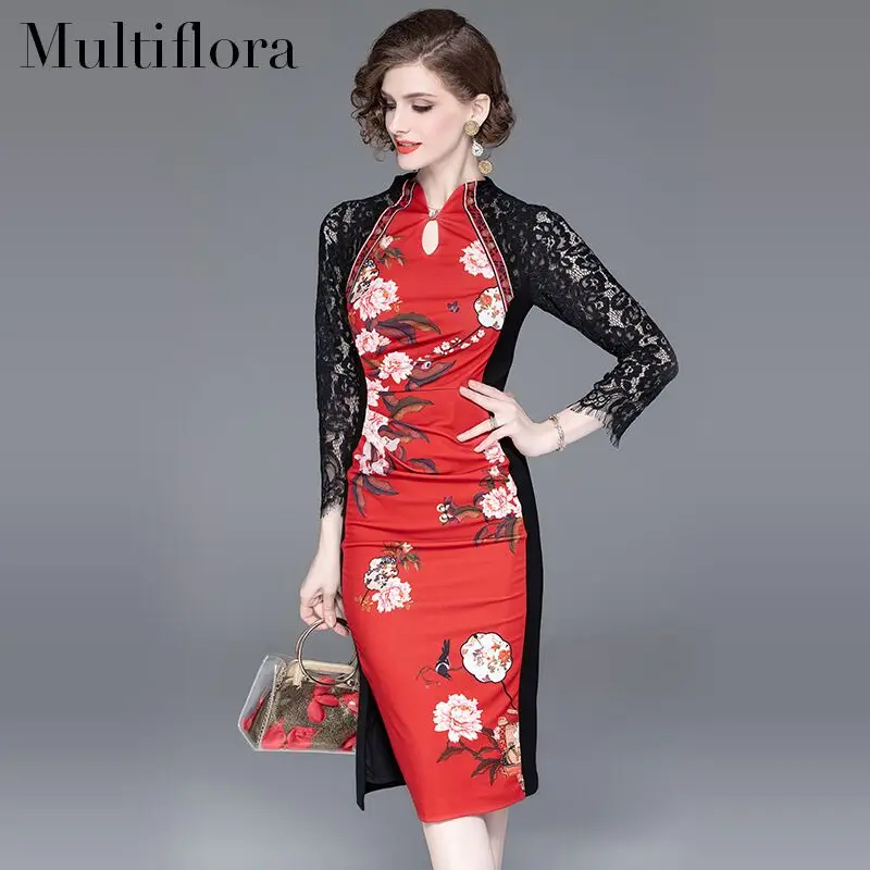 

2019 spring and summer High waist Slim Chinese dress women's lace Patchwork Cotton stitching print dress