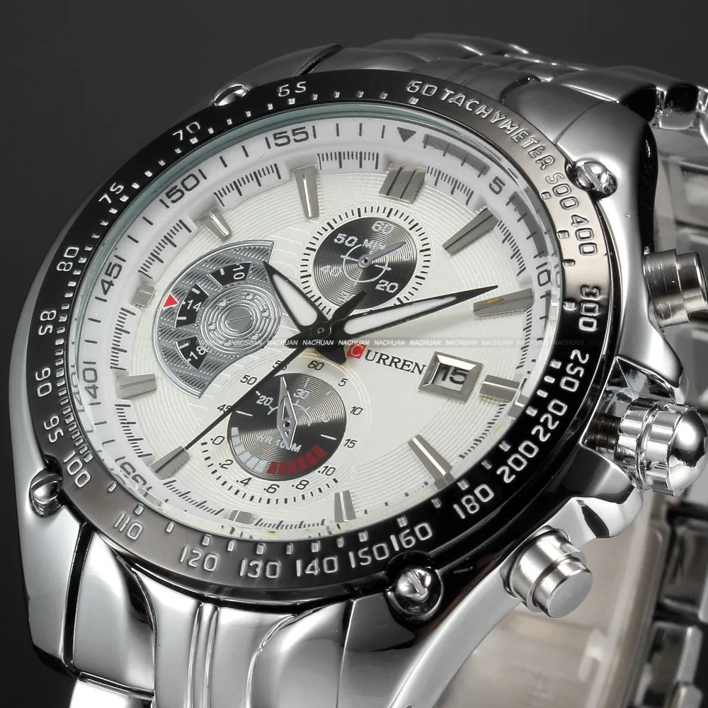 CURREN Men Full Steel Watch Fashion Casual Male Watch Fashion Date Hours Clock White Dial Sport