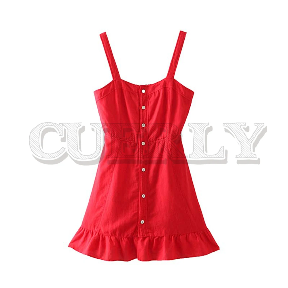 

CUERLY women Sexy Red mini dress spaghetti straps sleeveless back elastic female casual dresses solid chic A line vestidos