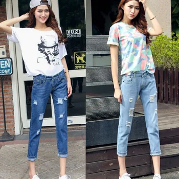 

ripped jeans for women Large size women fat MM waist jeans eighth hole jeans woman boyfriend jeans for women freeshipping