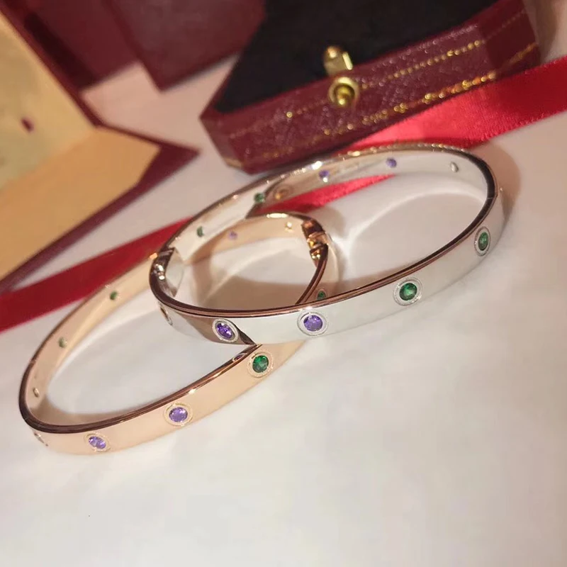 

Brand Pure 925 Sterling Silver Jewelry For Women Silver Bangle 10 Colorful Crystal Rose Gold Bangle Wedding Jewelry Easy Lock