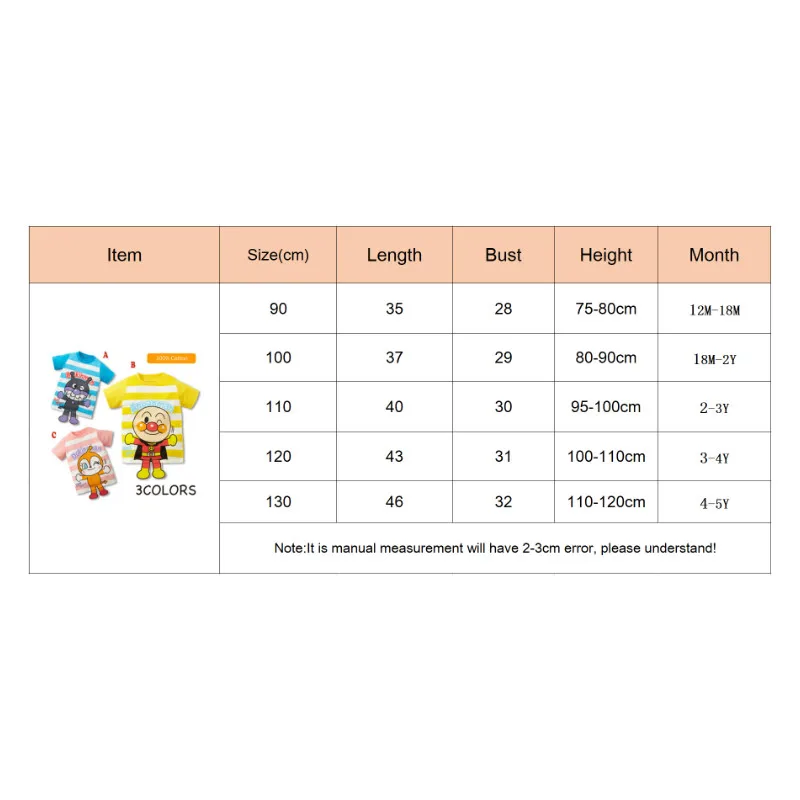 Футболки из хлопка для мальчиков и девочек; летняя детская одежда; топы с принтом анпанмана; футболки в полоску с короткими рукавами; Рождественский подарок