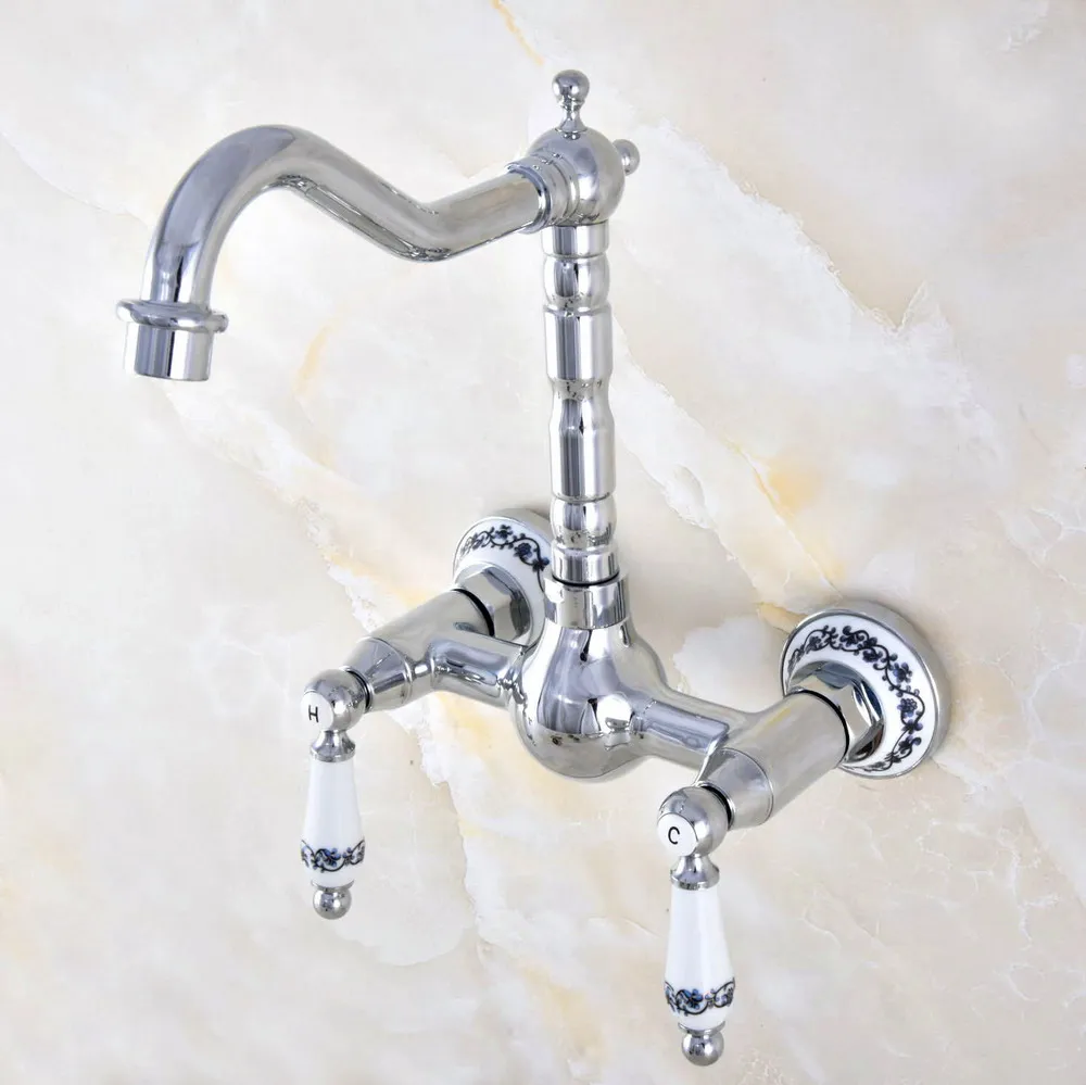 Polished Chrome Brass Wall Mount Kitchen Sink Faucet Swivel Spout Mixer Tap Dual Ceramics Handles Levers anf569