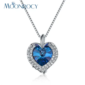 

MOONROCY Rose Gold Color Silve Color Heart CZ Blue Crystal Pendant Necklace Choker Jewelry Wholesale for Women Drop Shipping