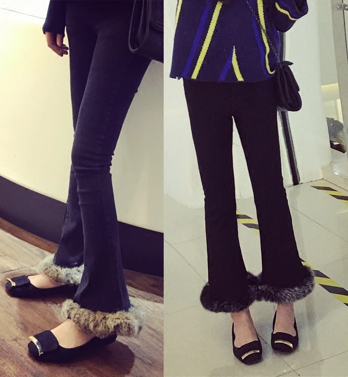 Woman Slim High Waist Wide Leg Denim Pants Female Fur Boot Cut Edge Jeans Top Fashion