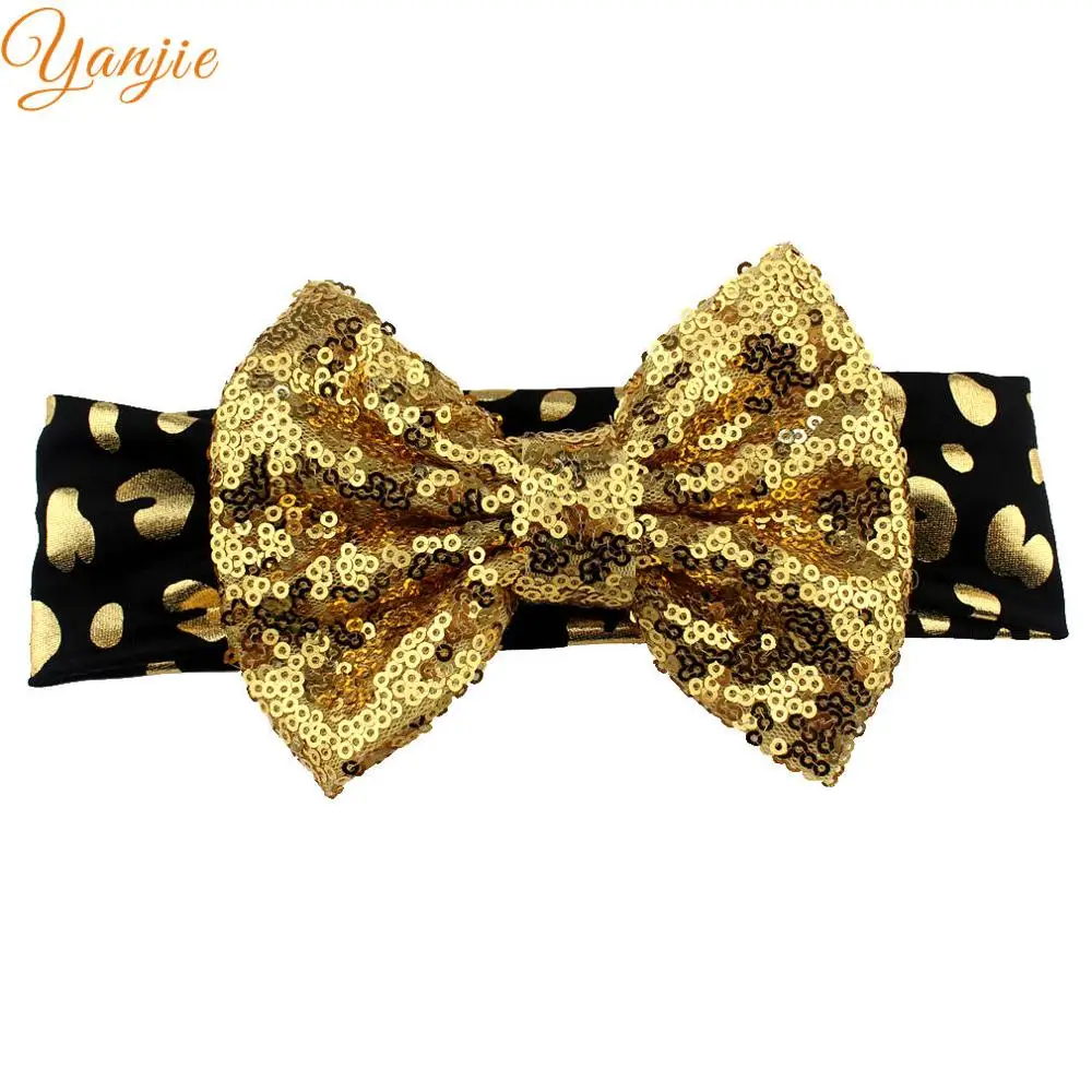 1 шт. блеск Leopard эластичная повязка для Обувь для девочек большой блесток лук заставку Женские аксессуары для волос Дети золотой металлик лук волос - Цвет: 6
