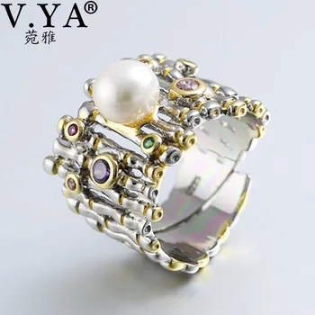 

V.YA S925 pure silver ring opening female natural pearls Baroque style cubic zirconia vintage women jewelry