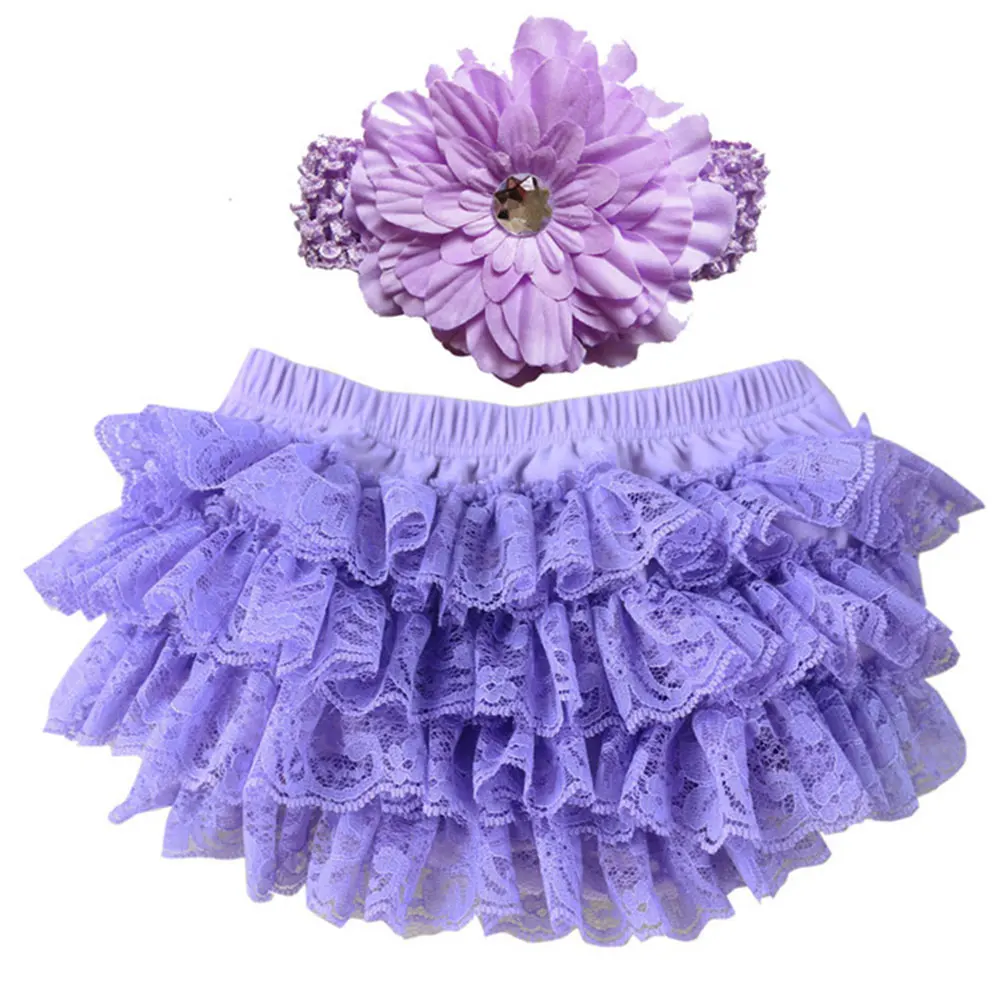 Новые милые трусики-шаровары для маленьких девочек, комплект с повязкой на голову, трусики с оборками для новорожденных, кружевные шорты для младенцев, распродажа - Цвет: Light purple  S