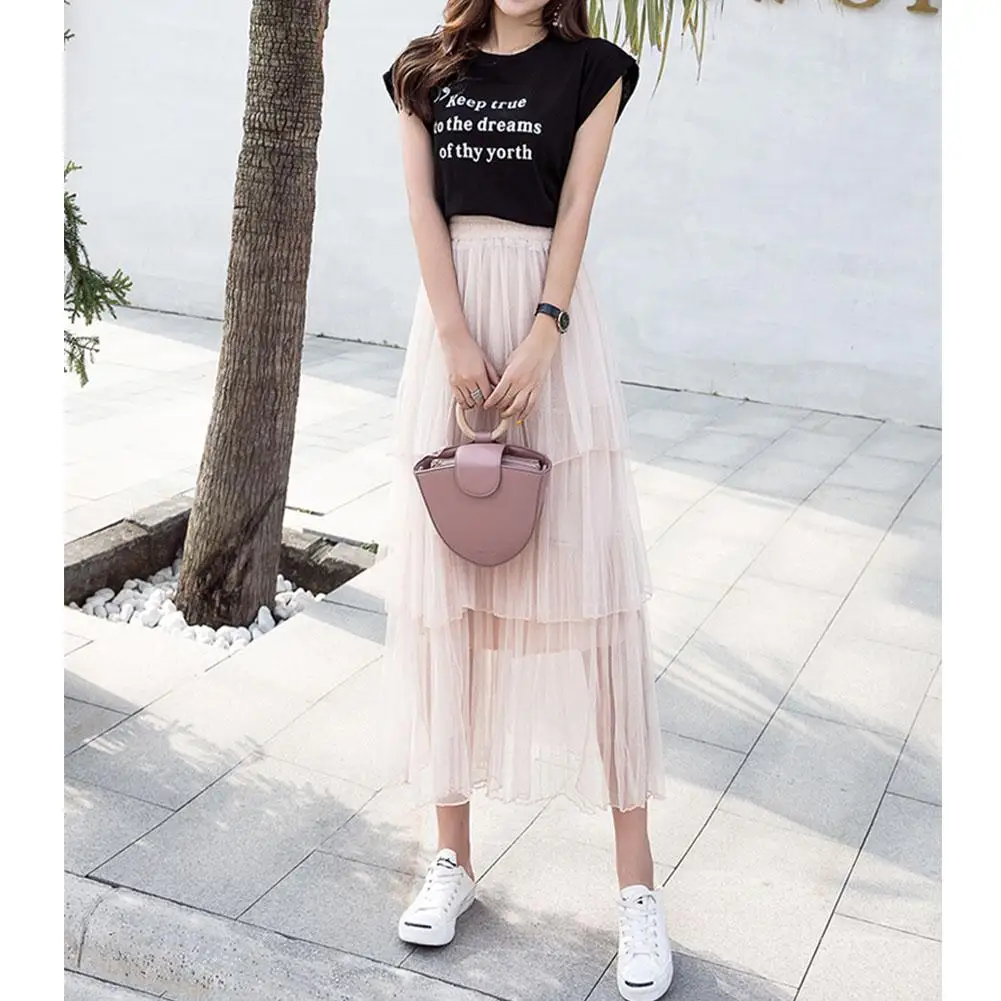 New Yfashion Women Summer All-match Sweet Style High Waist Mesh Layered Long Casual Skirt