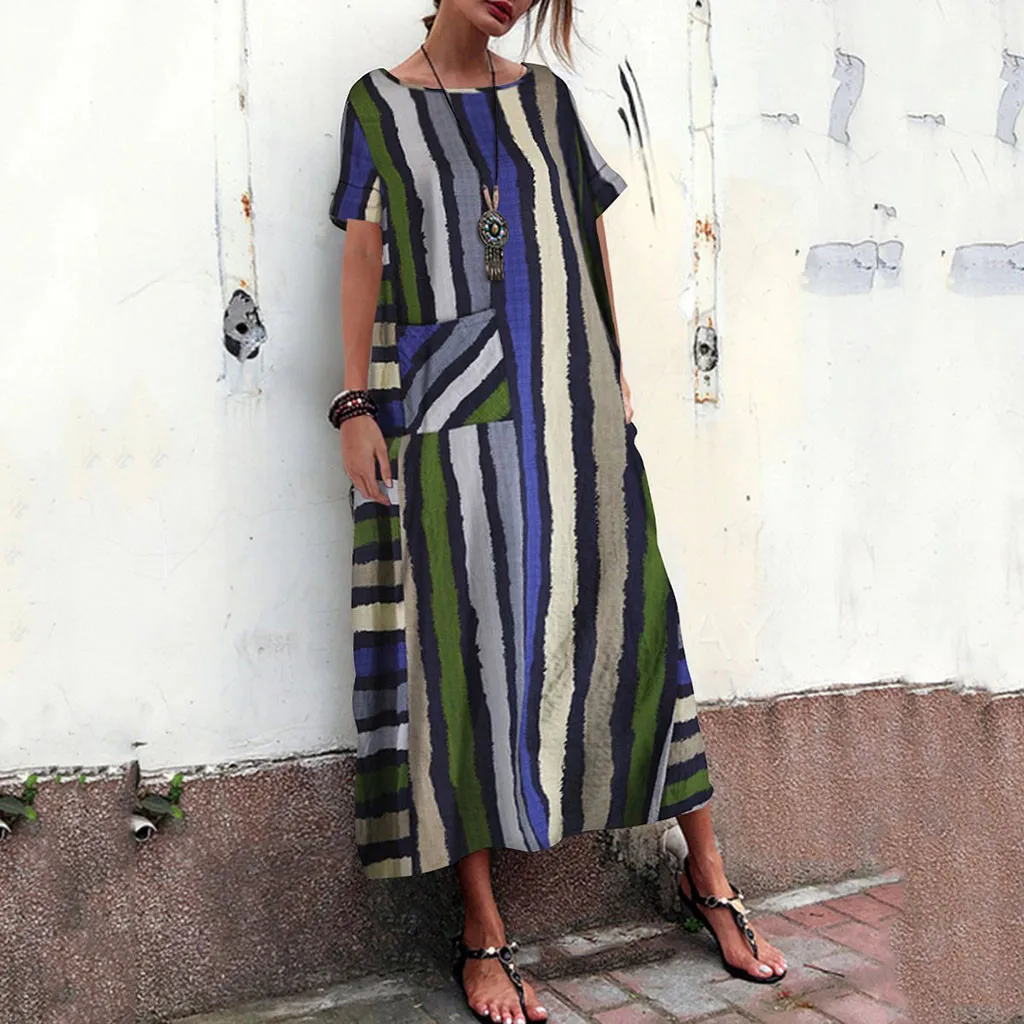 

Women Summer Casual Fashion Cool Elegant Boho Striped Printed Patchwork O-Neck Pockets Maxi Kaftan Temperament Long Dresses 50