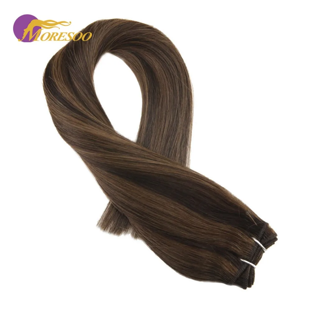 

Moresoo Weft Hair Extensions Remy Human Hair Color Darkest Brown #2 Highlighted with #8 Brazilian Human Hair Weaving/Weft 100G