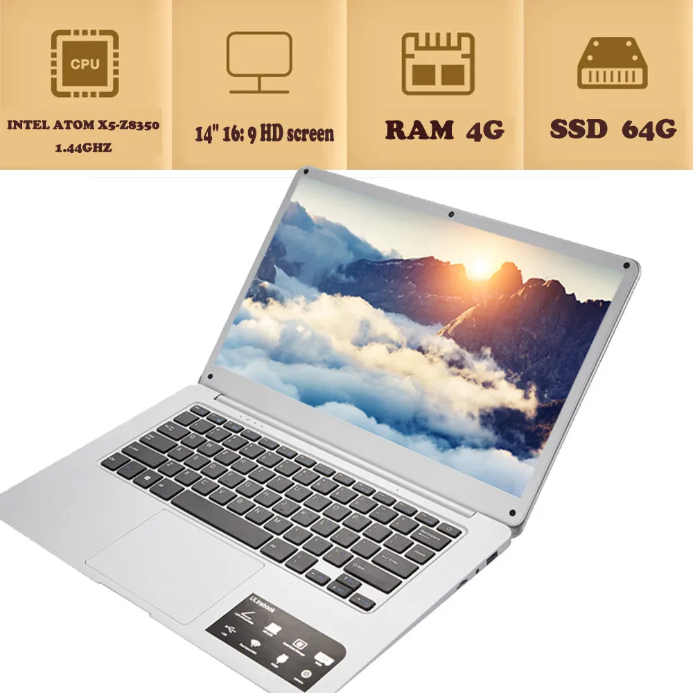 Новый ультра-тонкий Quad-Core ноутбук 14 ''Экран Дисплей 1366*768 пикселей 4 г + 64 г Windows10 18Jun21 Прямая поставка F
