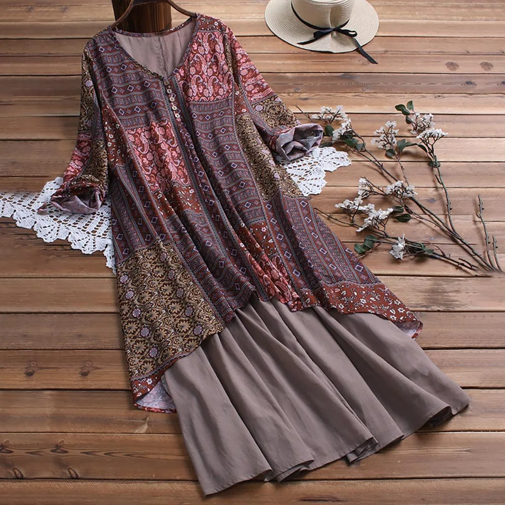 Feitong/женское платье в винтажном стиле с цветочным принтом и круглым вырезом, платье в стиле пэчворк, Vestidos De Verano, свободное летнее платье с длинным рукавом размера плюс